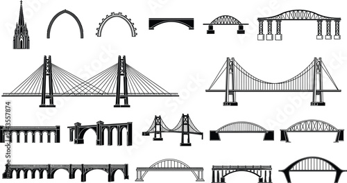Black bridge and architectural arch silhouette collection set with classic modern structures isolated on white background, engineering landmarks, cad drawing flat vector illustration