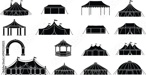 Black circus tent and pavilion silhouette icon set isolated on white background, carnival festival structures, event architecture collection, cad drawing flat vector illustration