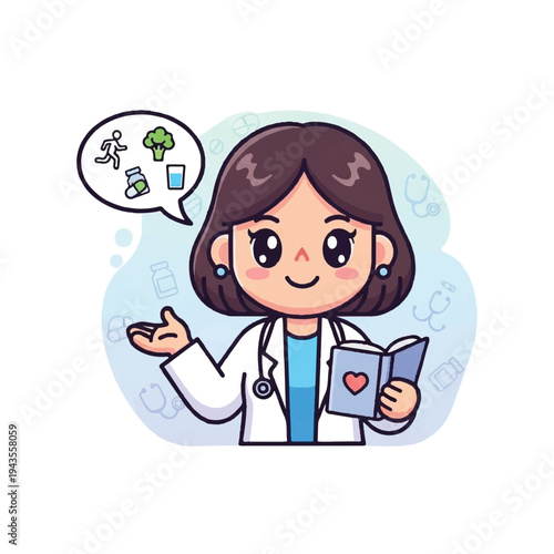A smiling cartoon female doctor in a white coat holding a book with a heart on the cover and gesturing with her hand while thinking about health-related icons. Perfect for healthcare,