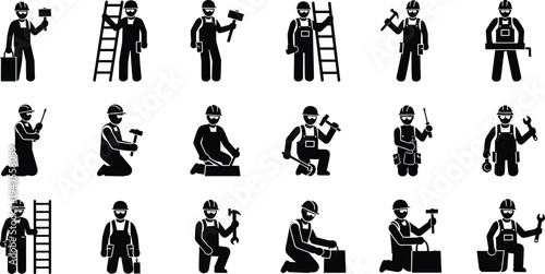 Black construction worker silhouette collection set with handyman builder repair man tools isolated on white background, labor flat vector illustration