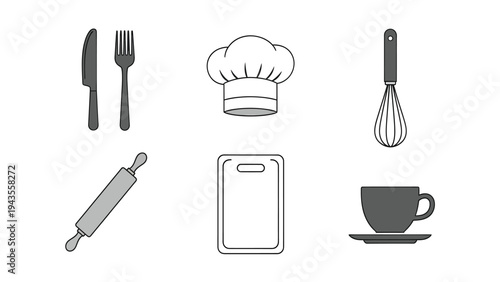 Collection of Kitchen Utensils and Culinary Icons Chef Hat Fork Knife Whisk Rolling Pin Cutting Board Coffee Cup Food Preparation and Cooking Vector Graphics