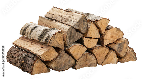 Stack of Neatly Chopped Firewood Logs with Birch Bark on a Isolated transparent