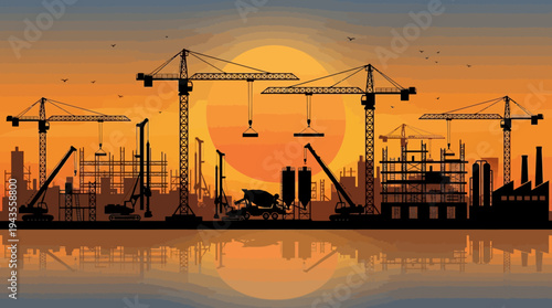 Panoramic construction site at sunset with cranes and buildings under development