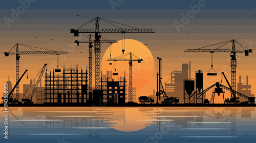 Silhouette of cranes and construction site at sunset with water reflection