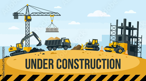 Construction site with heavy machinery and buildings in progress, industrial development illustration