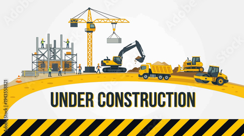 Under Construction Graphic with Building Site Equipment and Heavy Machinery