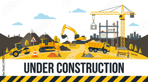 Flat 2D Vector Illustration of a Construction Site with a Crane, Excavator, and Truck Under Construction Sign