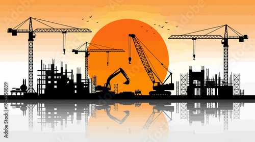 Silhouette of a sprawling construction site with cranes and buildings against a vibrant sunset