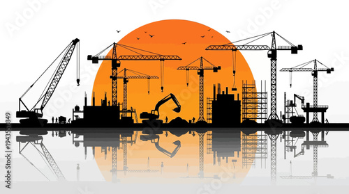 Sunset Over City Construction Site Silhouette With Cranes and Excavators Reflected