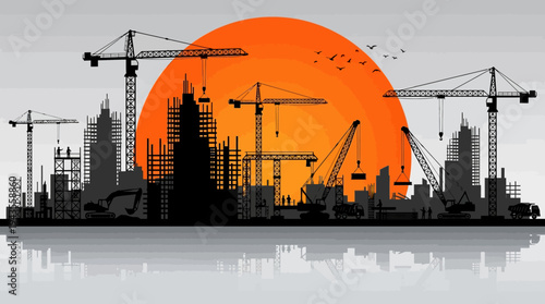 Silhouette of a sprawling construction site at sunset with cranes and buildings