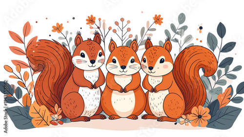 Cute Squirrels Continuous Line Art Brown and White Minimal Wildlife Vector