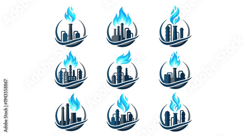 Collection of Petrochemical plant logo designs featuring industrial buildings and blue flames representing energy production