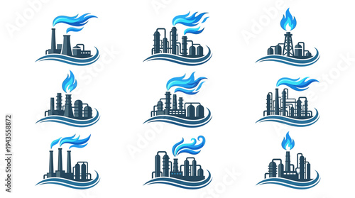 Flat 2D Vector Illustration Set of Nine Industrial Factory Icons Emitting Blue Smoke