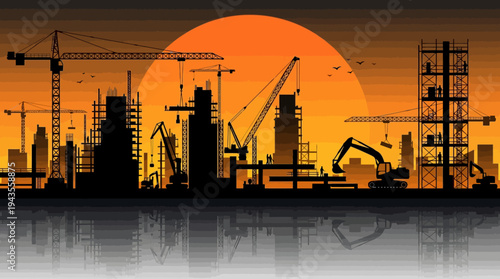 Silhouette of a sprawling city construction site with cranes at sunset, reflecting in the water below, symbolizing urban development and progress
