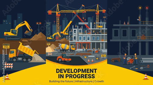 Construction site in progress with heavy machinery, buildings under development and cranes, development in progress concept