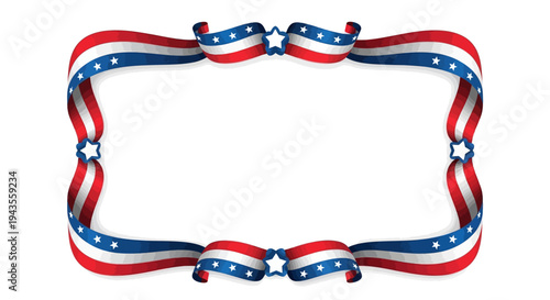 Illustration of a patriotic frame with red, white, and blue ribbons and stars on a white background, ideal for Happy Independence Day designs or American-themed business events.