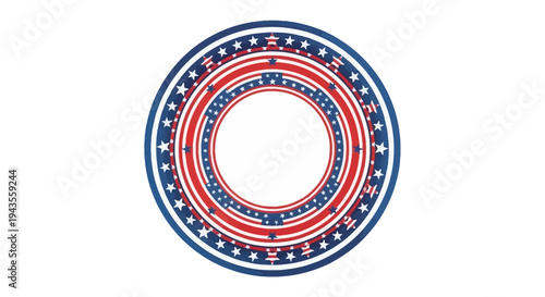 A vibrant circular illustration featuring concentric American flag patterns and stars on a white background, celebrating Happy Independence Day with a festive layout and design.