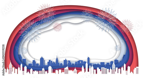 Illustration of a city skyline underneath a stylized rainbow-colored arc with fireworks, representing a celebratory event like Happy Independence Day in America, with a patriotic color