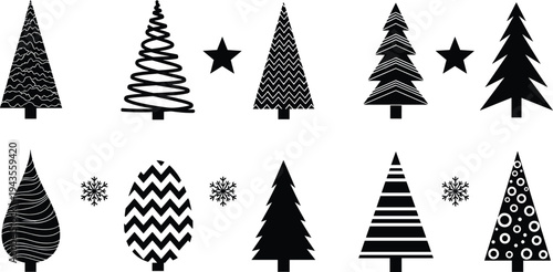 Set of Christmas tree silhouettes with stars and snowflakes, decorative winter holiday icons in black vector style isolated on white background