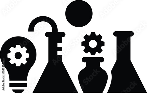 Science and innovation concept icons with laboratory flask, light bulb idea symbol and gear elements, creative research technology silhouette vector illustration set