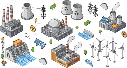 Isometric vector collection of industrial power plants including nuclear station hydroelectric dam solar panels and wind turbines set