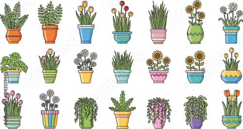 Set of colorful potted houseplants and flowers, decorative indoor plant collection illustration isolated on light background for home decor, gardening, botanical, and nature design