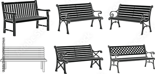Set of park bench silhouettes in different classic designs, wooden and metal outdoor seating furniture vector illustration collection isolated on white background