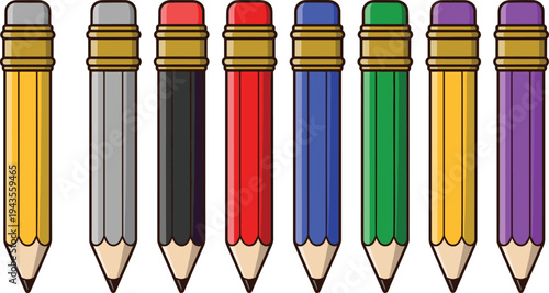 Set of colorful wooden pencil icons with erasers in different colors isolated on light background, education stationery vector illustration for school supplies and design elements