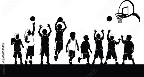 Silhouette illustration of children playing basketball outdoors, kids jumping and shooting ball into hoop, youth sports activity, teamwork and recreation concept isolated on white background