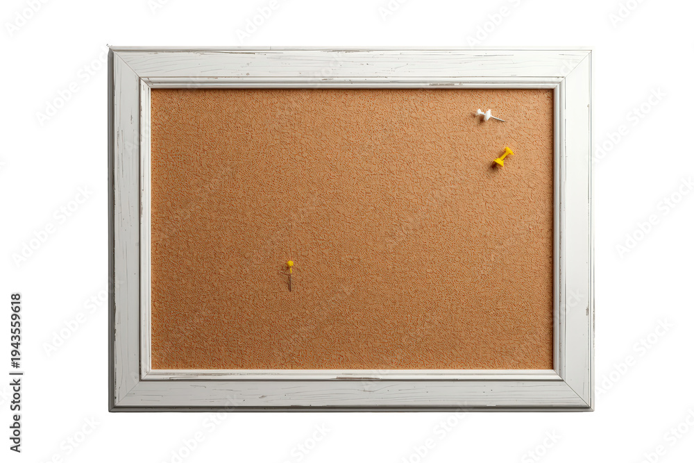 Fototapeta premium White framed cork board with push pins for notes, announcements, and office organization, transparent background