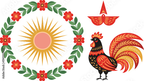 Traditional folk art rooster with floral sun wreath and decorative bird elements, colorful vintage Slavic style illustration isolated on white background for cultural design