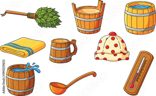 Traditional sauna accessories collection with wooden bucket, ladle, towel, thermometer, felt hat and birch broom cartoon vector illustration isolated on light background