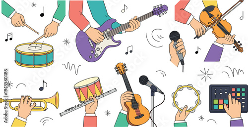 Diverse hands playing musical instruments including electric guitar trumpet drums violin and digital audio workstation flat vector