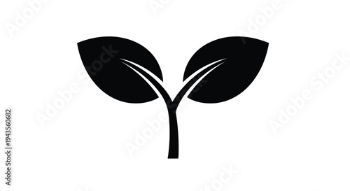 Minimalist black and white vector illustration of a small plant sprout with two leaves representing new beginnings and ecology.