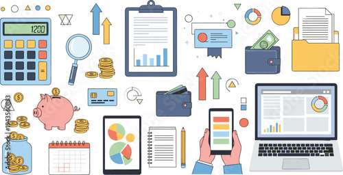 Business and personal finance icon set featuring financial charts calculator piggy bank and digital payment tools for fintech design