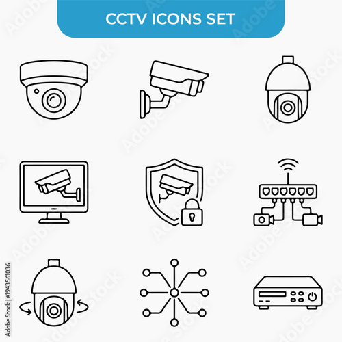 CCTV Icons Set: An organized collection of CCTV system, camera icons in clear outline, representing diverse security surveillance elements. 