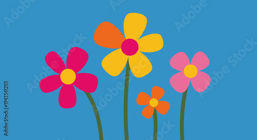 Vibrant flower illustrations blooming in a bright blue sky, a cheerful and colorful botanical composition