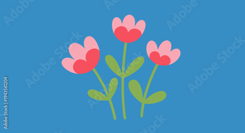 A charming illustration featuring three stylized pink flower blossoms with vibrant green stems against a clean, bright blue background, evoking cheerfulness and simplicity in a floral design