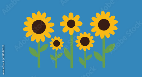 Cheerful graphic illustration featuring vibrant yellow sunflower flowers with green stems, beautifully arranged against a bright blue background, symbolizing natural beauty and summer's joy