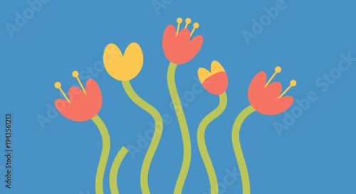 Cheerful stylized flower illustration vibrant red and yellow blooms with green stems, gracefully rising from a calming blue background, perfect for springtime designs