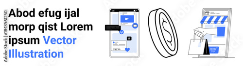 E-commerce, digital payments, online shopping, marketing, mobile apps, transaction security. Mobile screen, storefront shopping bag and digital payment symbol. E-commerce and digital payments