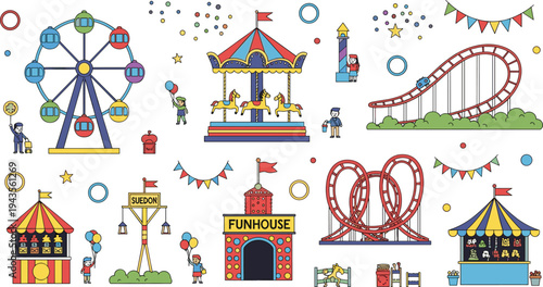 Amusement park carnival vector collection featuring ferris wheel roller coaster carousel funhouse circus tents and fairground attractions with characters