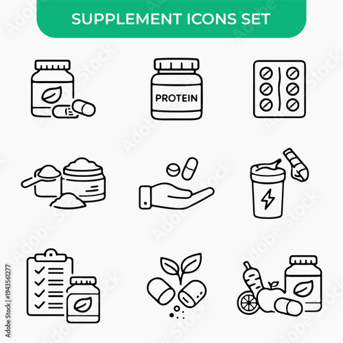Supplement Icons Set: An assortment of line art icons showcasing various types of nutritional supplements, vitamins, and protein products for a healthy lifestyle. 