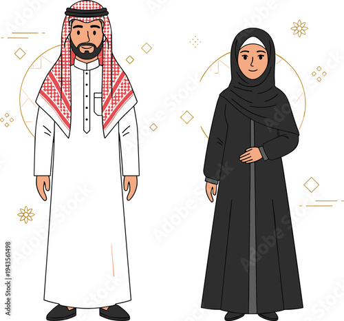 Arab couple vector illustration featuring a man in thobe and ghutra and a woman in abaya and hijab