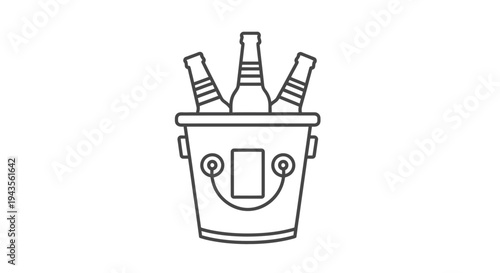 A minimalist vector illustration depicting an ice bucket with three refreshing bottles, perfect for celebratory beverage and party-themed graphic design projects.