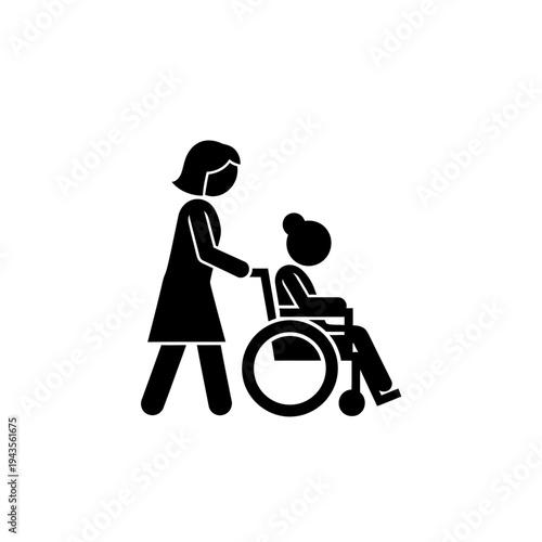 Woman helping child in wheelchair.