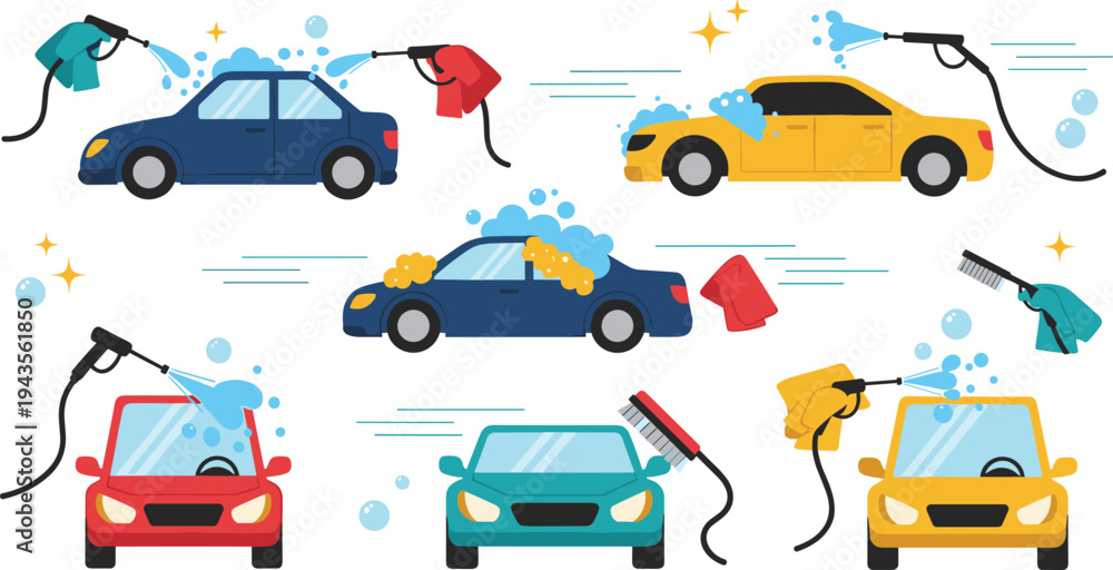 Naklejka premium Professional car wash service vector collection featuring pressure washing soap foam bubbles brushes and manual vehicle cleaning icons for automotive business