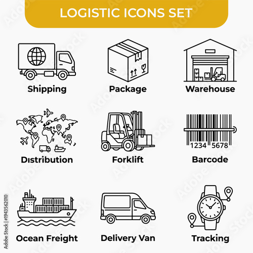 Logistics Icon Set: A comprehensive collection of line icons representing key elements in logistics. including shipping, package, warehouse, distribution, forklift, barcode, ocean freight.