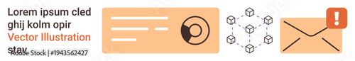 Data security, blockchain technology, email notifications, digital warnings, communication systems, digital identities. Blockchain diagram, email icon with alert ID-related shape. Data security
