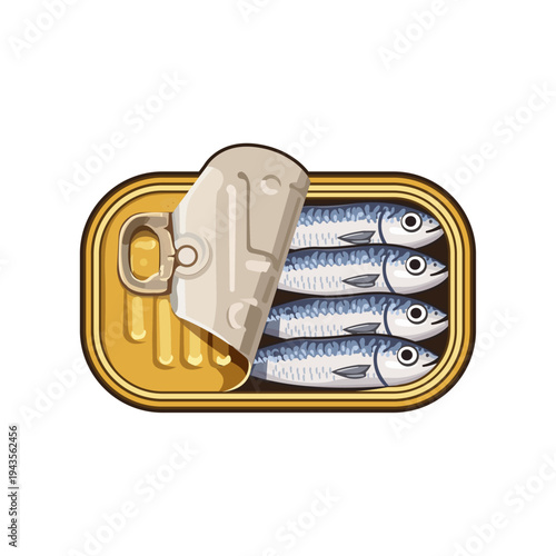 Open sardine can with four silver fish inside, gourmet seafood vector illustration, isolated white background